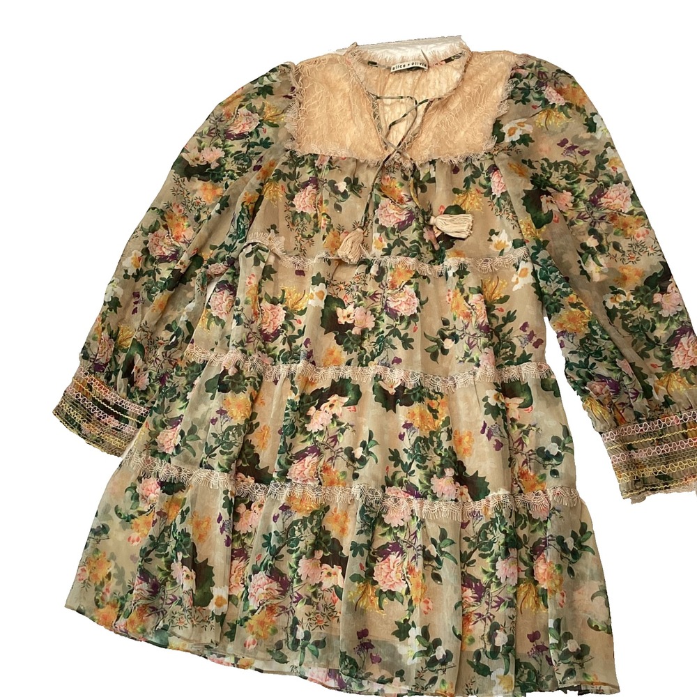 Alice + Olivia Floral Lace Boho Dress M Sheer Long Sleeve Tiered Tassel Mini - Picture 7 of 11